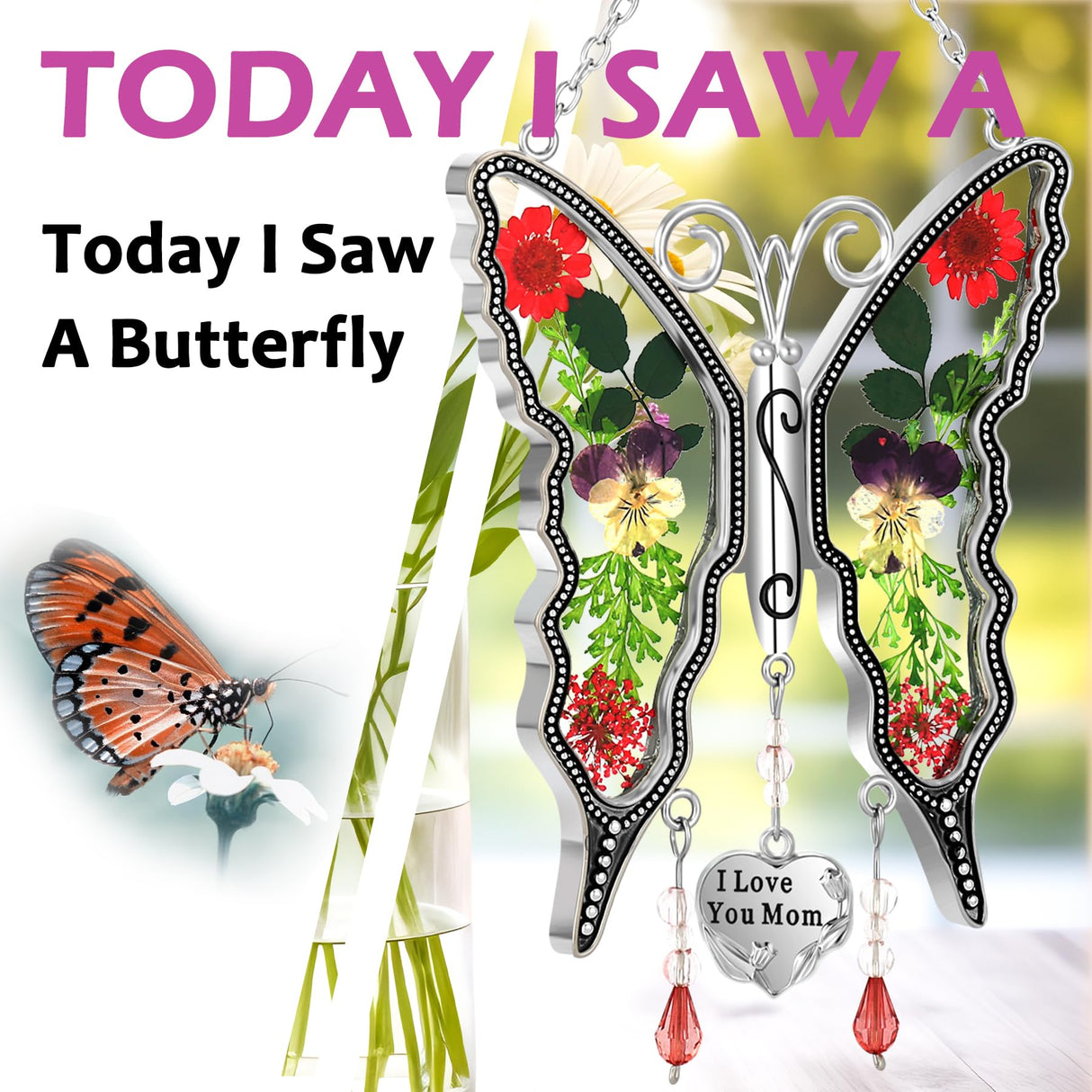 KY&BOSAM Butterfly Suncatcher Pressed Flower Stained Glass Window Hanging