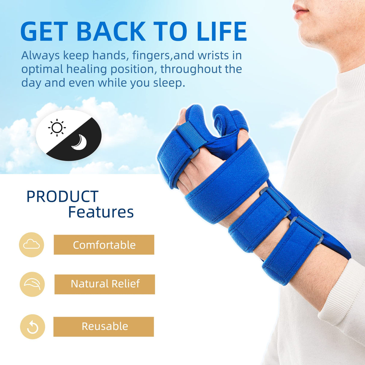 Resting Hand Splint, Stroke Hand Therapy Equipment, Hand Brace with Finger Support for Stroke Recovery Patients, Carpal Tunnel Syndrome, Arthritis, Tendinitis, Metacarpal Breaks
