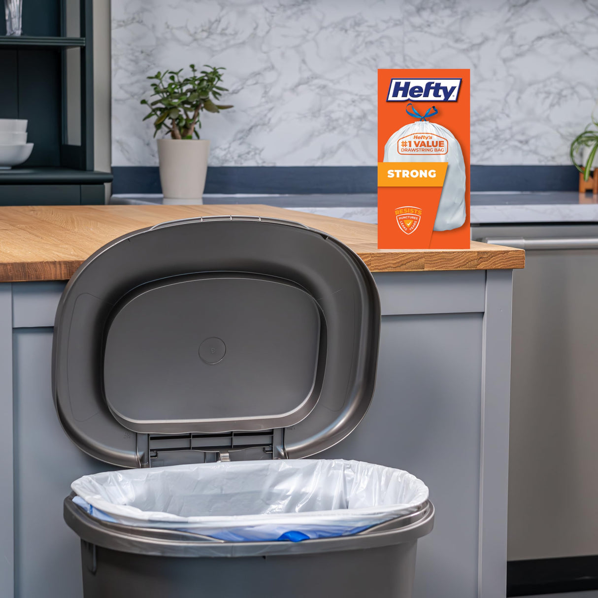 Hefty Strong 13 Gallon Trash Bags, Tall Kitchen Bags, UnscentedLarge Bags with Drawstrings, Durable Closure, Resists Leaks, Punctures, and Tears, White, Unscented, 90 Bags