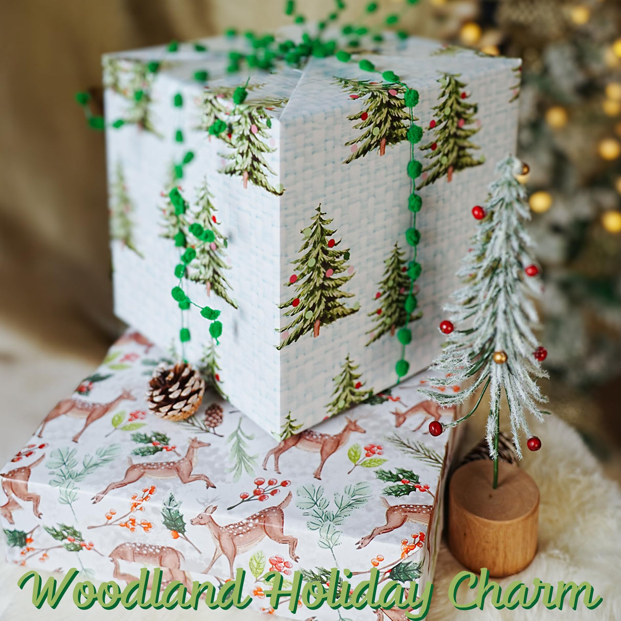 BIOBROWN Reversible Christmas Wrapping Paper - Jumbo Roll - 30 Inch X 33 Feet (82.5 sq. ft. ttl.) - Doe Floral Design Perfect for Xmas, Party, Holiday Gift Wrap