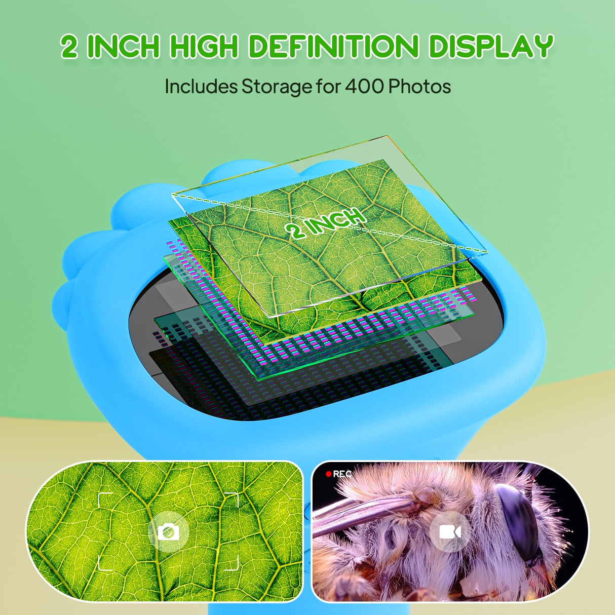 Kids Microscope, Pocket Portable Microscope with 2'' Inch Screen - Powerful Magnification Mini Microscopes Magnifying Glass with Lights, Ideal Christmas Birthday Gifts for Age 3-12 Boys - Blue