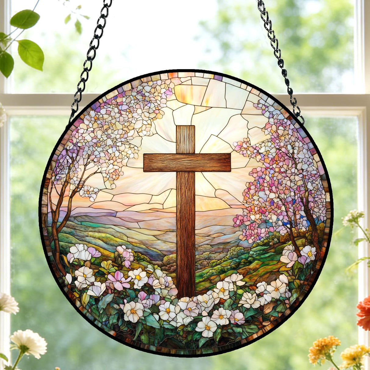 Cross and Wildflowers Stained Glass Sun Catcher,Christian Suncatchers Window Hanging Flower Cross Gift for Religious Home Decor, Easter Faith Christmas Christian Gifts for Mom 7.8 Inch