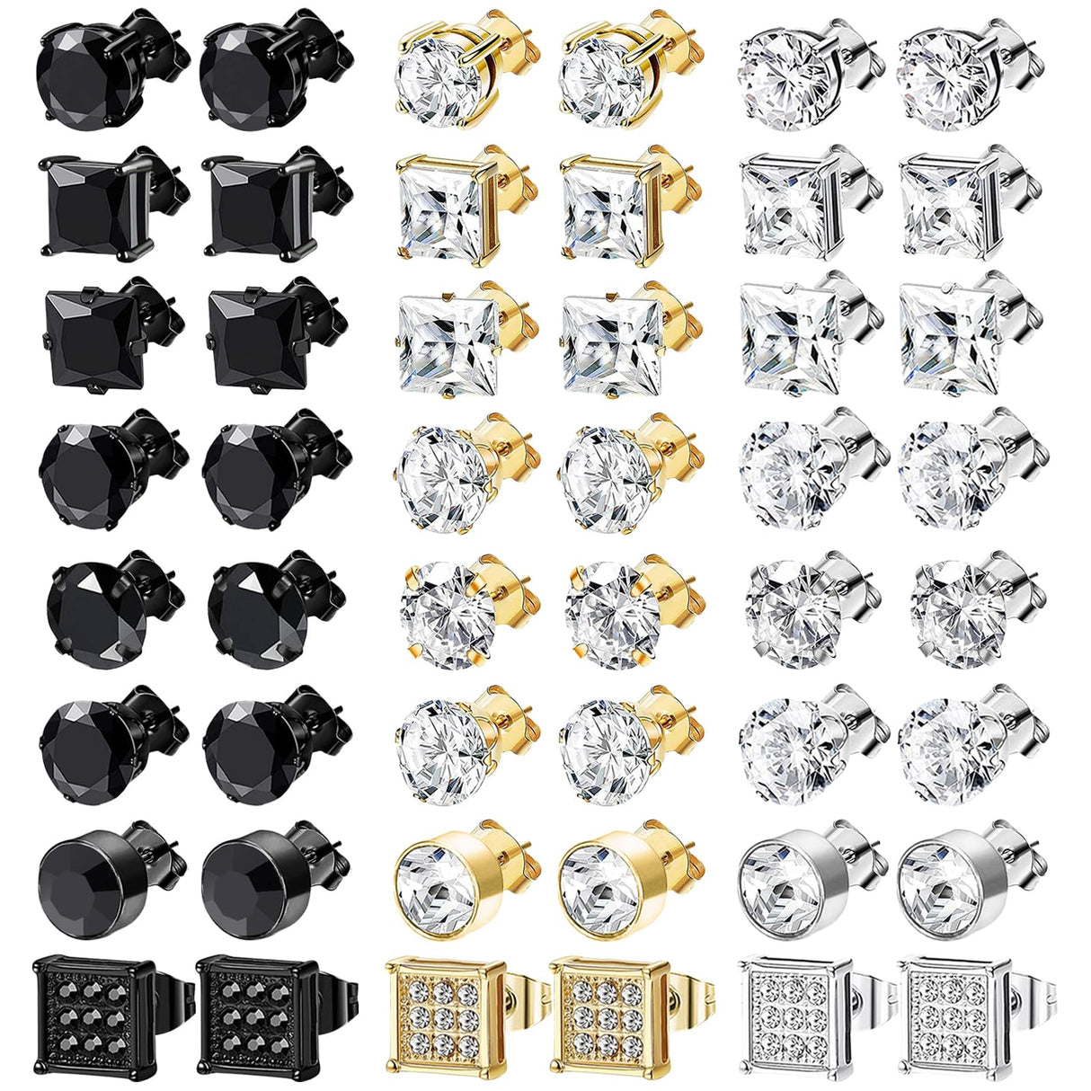 NEWITIN 24 Pairs Stainless Steel Earrings for Men Hypoallergenic Inlaid Cubic Zirconia Studs Hoop Earring Cross Dangle Earrings Unisex Punk Stud Earring for Women Men