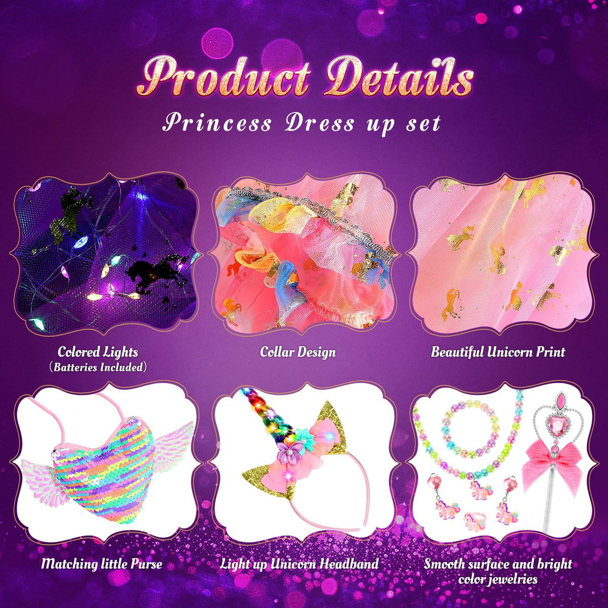 Fedio Princess Dress Up for Girls, Unicorn Light Up Princess Cape Set