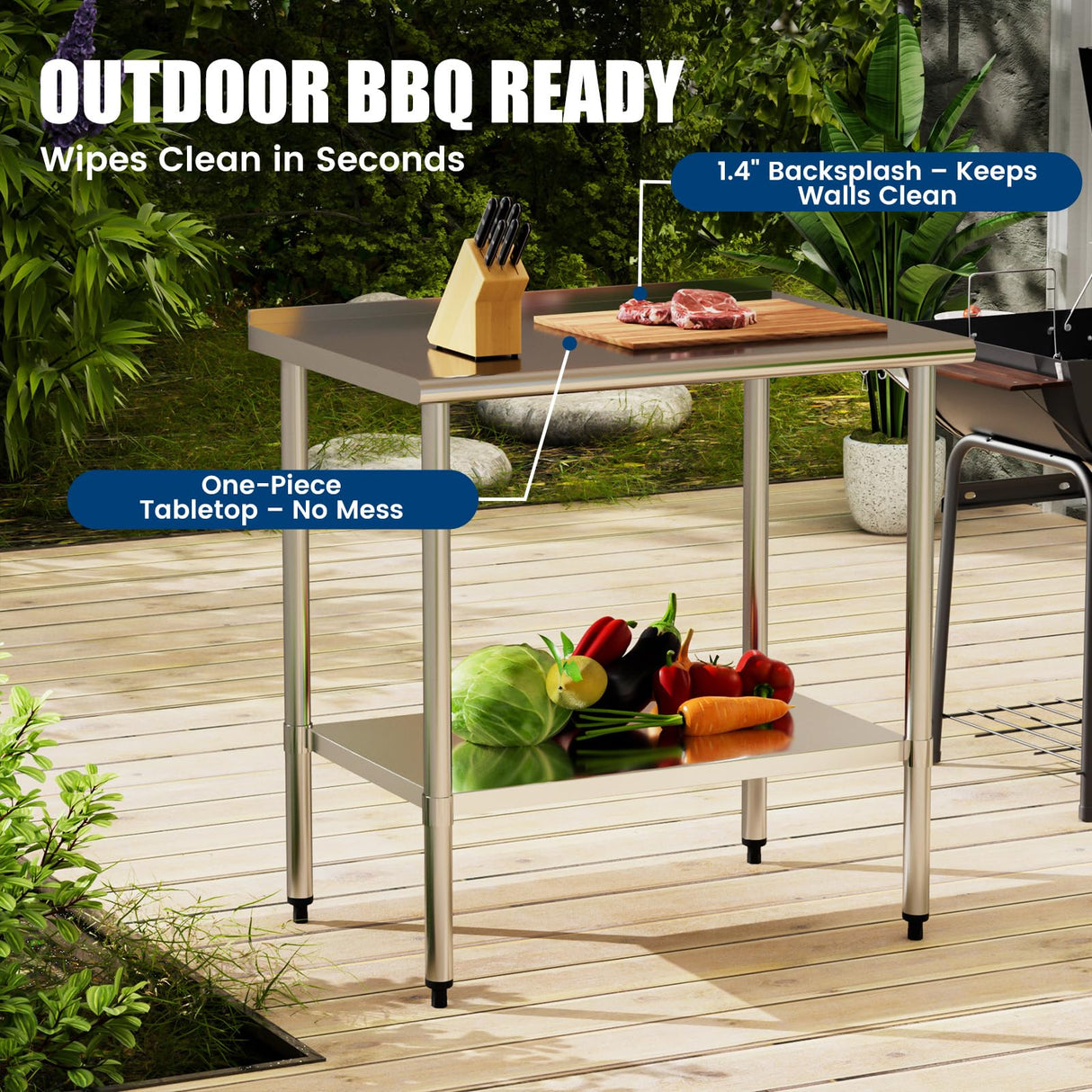 Chingoo Stainless Steel Work Table 24x36 Inch with Adjustable Undershelf & Backsplash, Heavy-Duty Prep Table for Commercial Kitchen, Restaurant, Garage, Outdoor