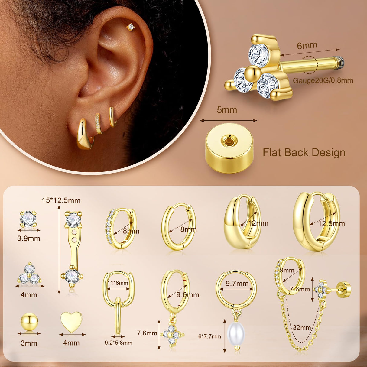 Turandoss 13 Pairs Gold Hoop Stud Earrings for Women