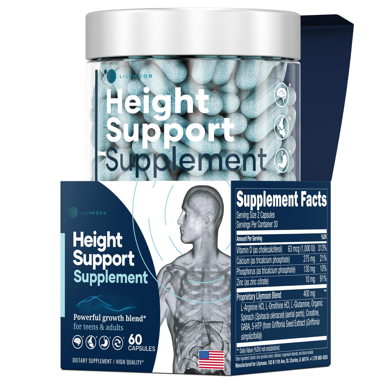 Height & Bone Support Supplement - Made in USA - Premium Height Growth Supplement for Kids & Teens with Calcium - Nutritional Support Bone Health Formula - Height Increase Essential Vitamins - 60 Caps