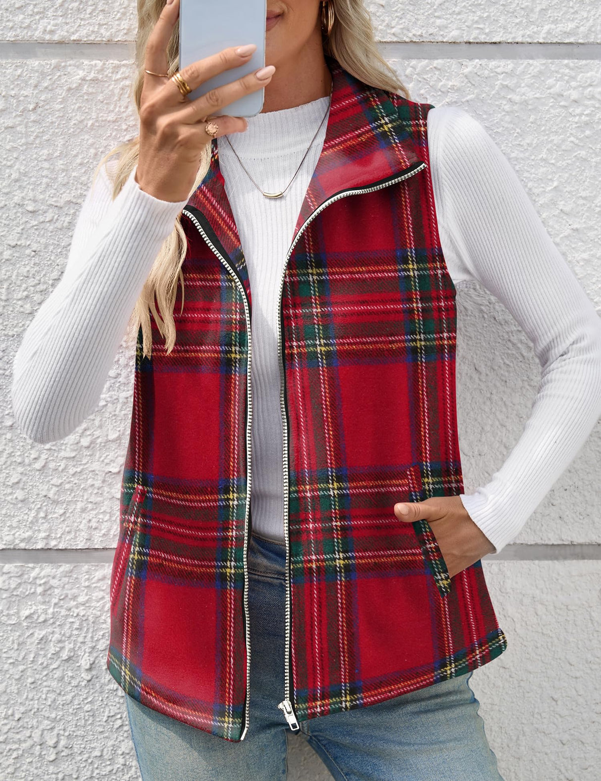 Rapbin Women's Dressy Casual Christmas Vest Cherckered Waistcoat Coat Sleeveless Jacket Vest Tops with Pockets