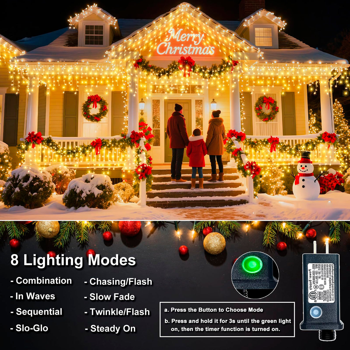 Icicle Lights for Outside, 33FT 400 LED Icicle Christmas Lights Outdoor, Waterproof & 8 Modes & Timer, Plug in Twinkle String Light for Indoor Patio Party Wedding Xmas Holiday Decorations, Warm White