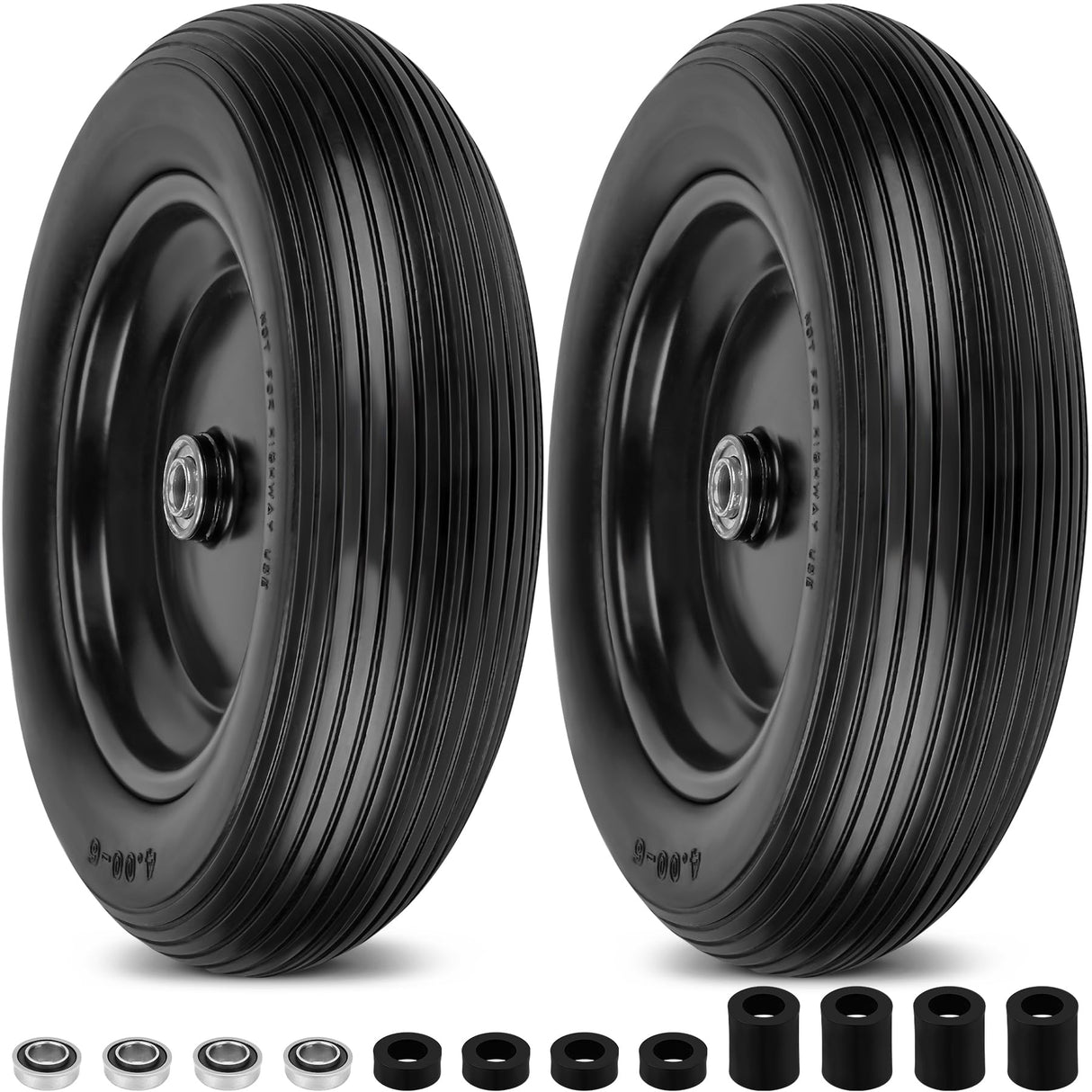 4.00-6 Flat Free Wheelbarrow Tires and Wheels, 13 Inch Wheelbarrow Tires with 5/8" or 3/4" Bearings, 1.75'' Centered Hub Hand Truck Solid Wheels Replacement for Hand Trucks, Dolly Trolleies, 2 PCS