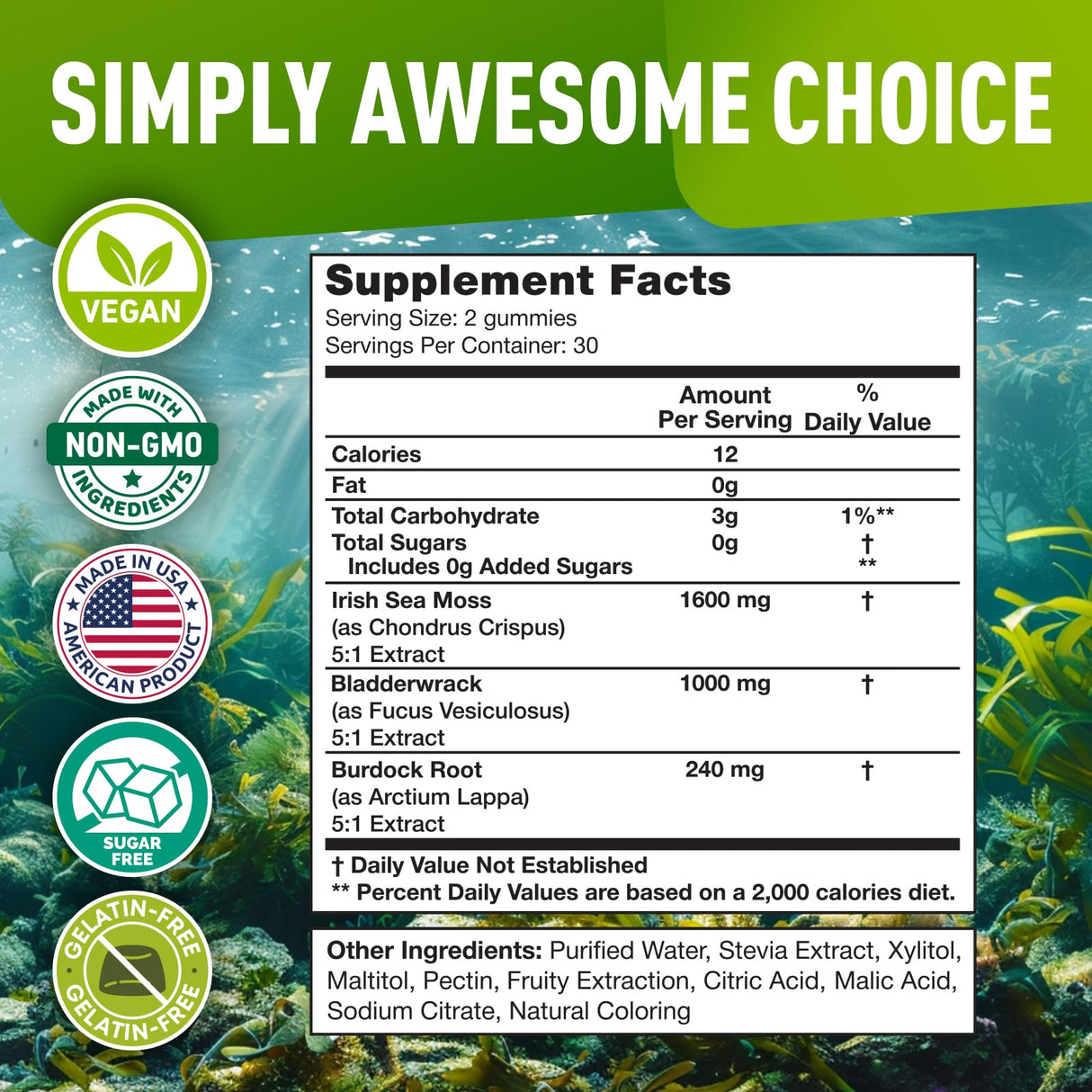 BioVit Sea Moss Gummies - Wildcrafted Irish Sea Moss for Adults & Kids - Seamoss Gel with Bladderwrack & Burdock Root Extract - 60 Vegan Gummies