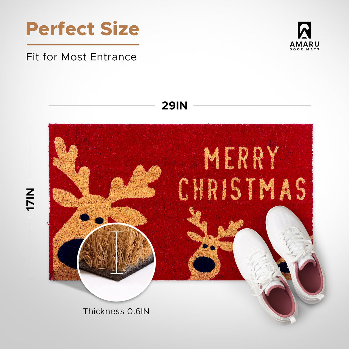 Christmas Reindeer - 17"x29" - Coir Door Mat with Heavy Duty Backing - Welcome Mats for Entryway, Porch - Anti-Slip PVC & Coconut Fiber Surface - Natural Home Accessories, Minimalist Original Design