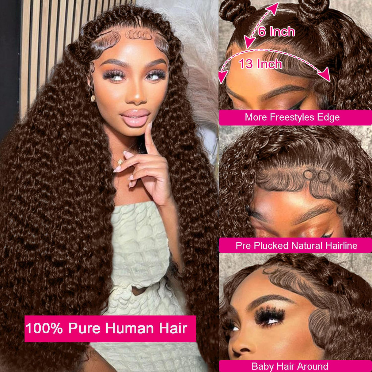 Aonou 200% Density Chocolate Brown Deep Wave Lace Front Wigs Human Hair 13x6 Deep Curly Human Hair Wigs for Women HD Transparent Lace Frontal Wet and Wavy Wigs Pre Plucked 100% Virgin Hair 28inch