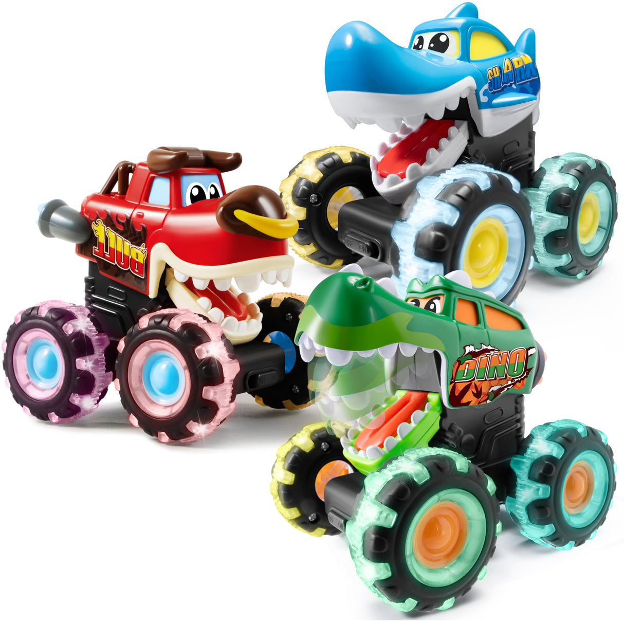 JOYIN 3 Pack Monster Truck Toy - Motion Activated Light-Up Cars for Toddlers - Monster Treads Lightning Wheels - Baby Toy Trucks - Press & Go Cars for Kids Boys Birthday Gifts for Christmas