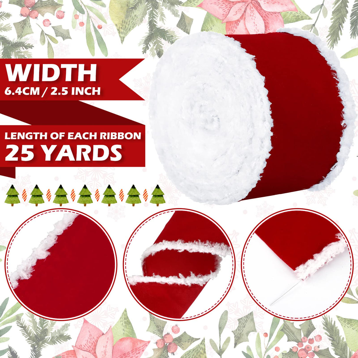 Syhood 2 Rolls Christmas Velvet Decorative Ribbons Rolls Craft DIY Fabric Cloth Wire Edge Ribbons for Craft Christmas Holiday Decoration(2.5 Inch x 50 Yard,Red)