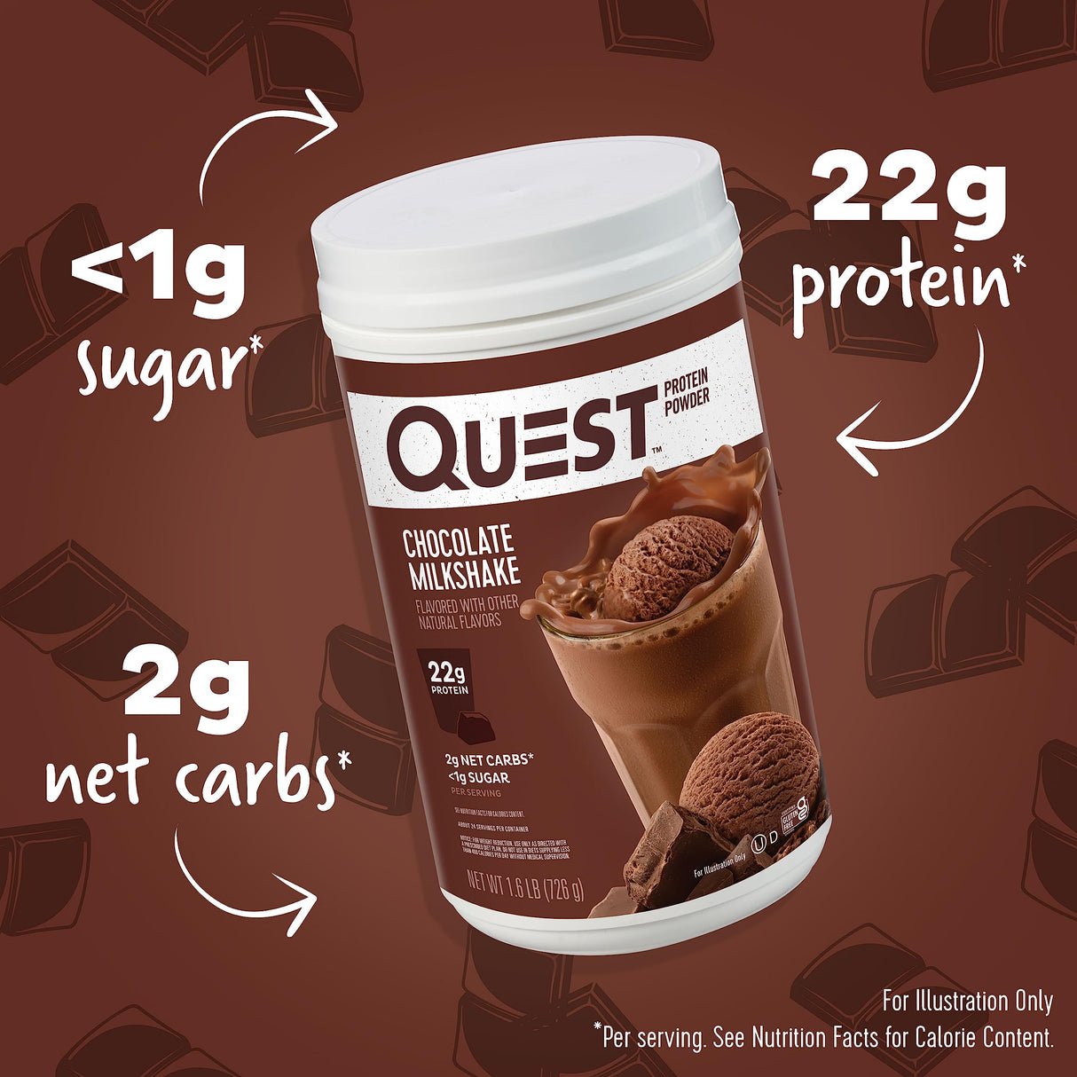 Quest Nutrition Chocolate Milkshake Protein Powder, 22g Protein, 2g Net Carbs, 1g Sugar, Low Carb, Gluten Free, 1.6 Pound, 24 Servings