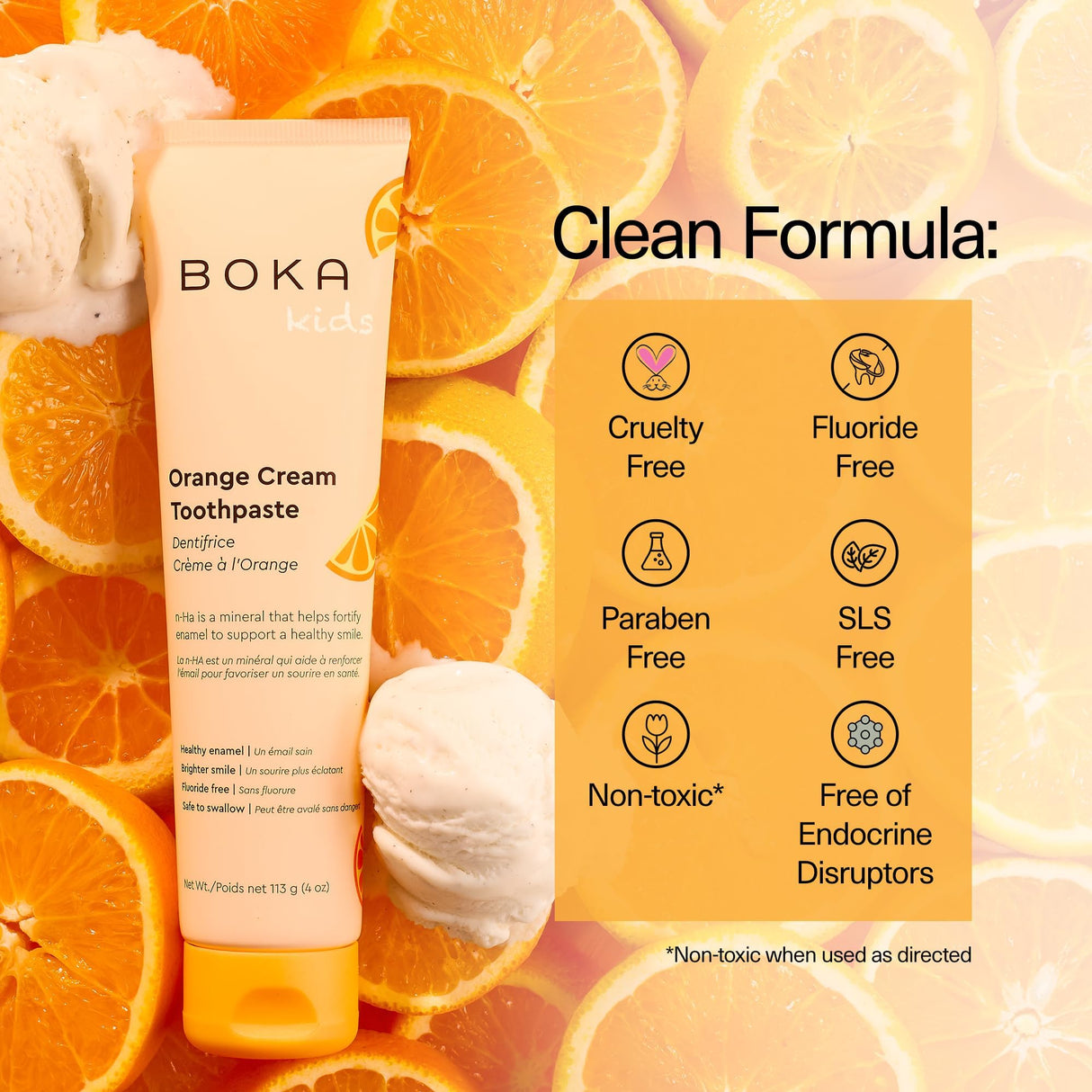 Boka Fluoride Free Toothpaste Nano Hydroxyapatite Toothpaste - Orange Cream Flavor, 4 oz 3Pk US Manufactured