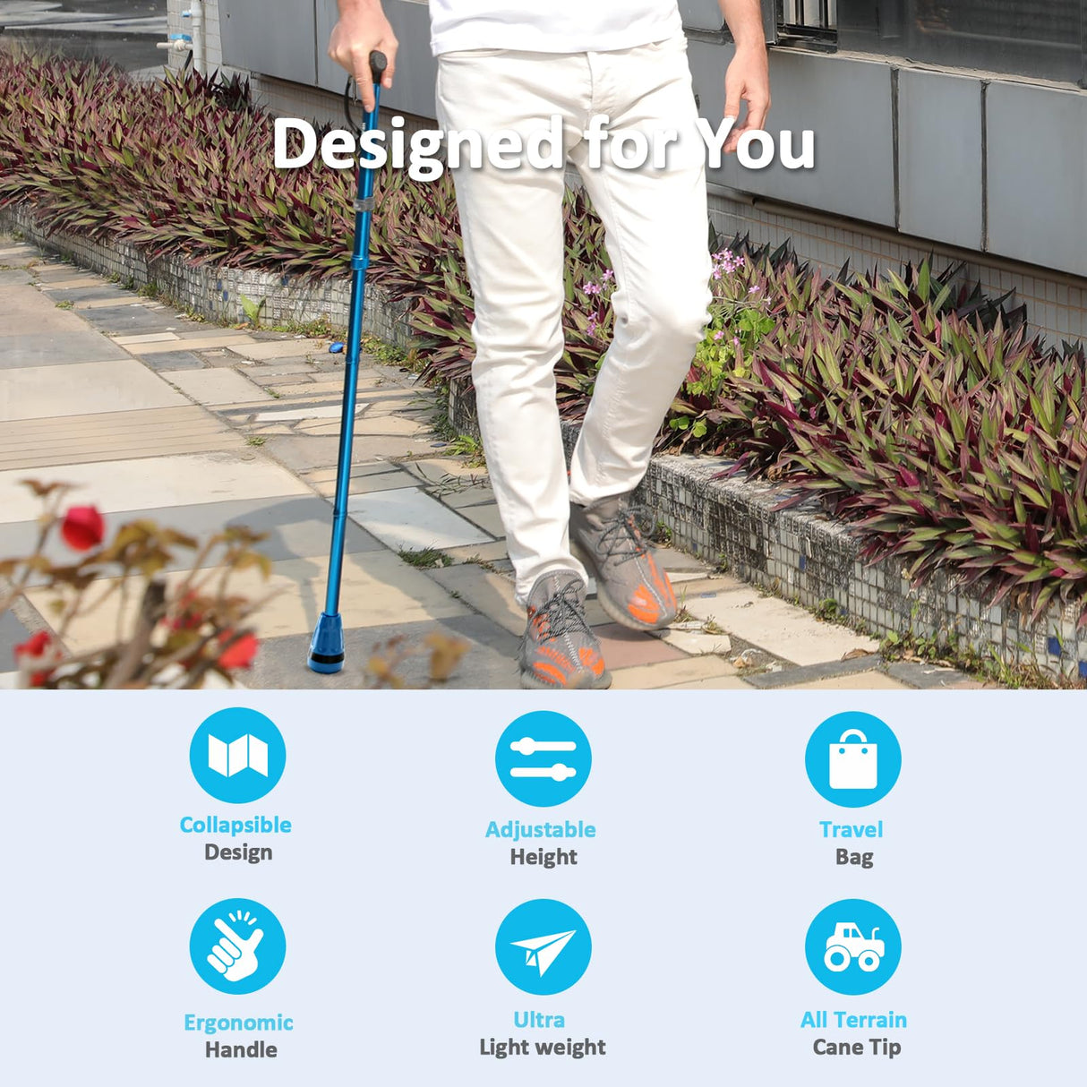 HEALTHBAZAAR All Terrain Walking Cane for Men & Women, Lightweight, Foldable, Adjustable, Shock Absorption, Collapsible Walking Stick for Seniors (Black)