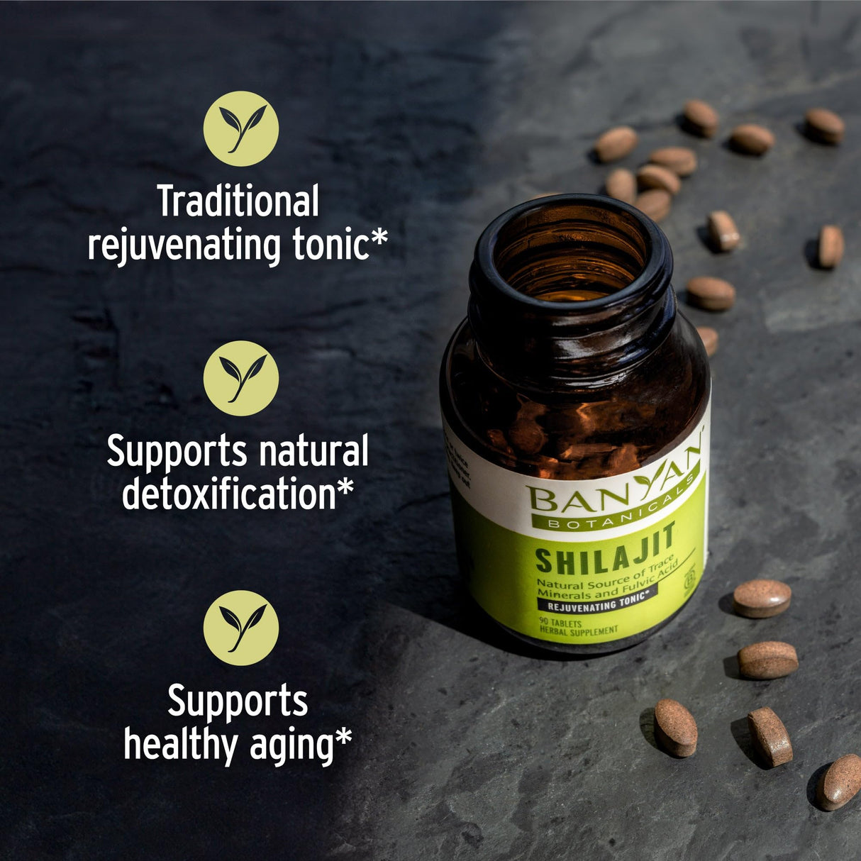 Banyan Botanicals Shilajit – Organic and Sustainable Mineral Pitch – Mineral-Rich Shilajit Supplement for Natural Detoxification and Healthy Aging* – 90 Tablets – Non GMO Sustainably Sourced Vegan