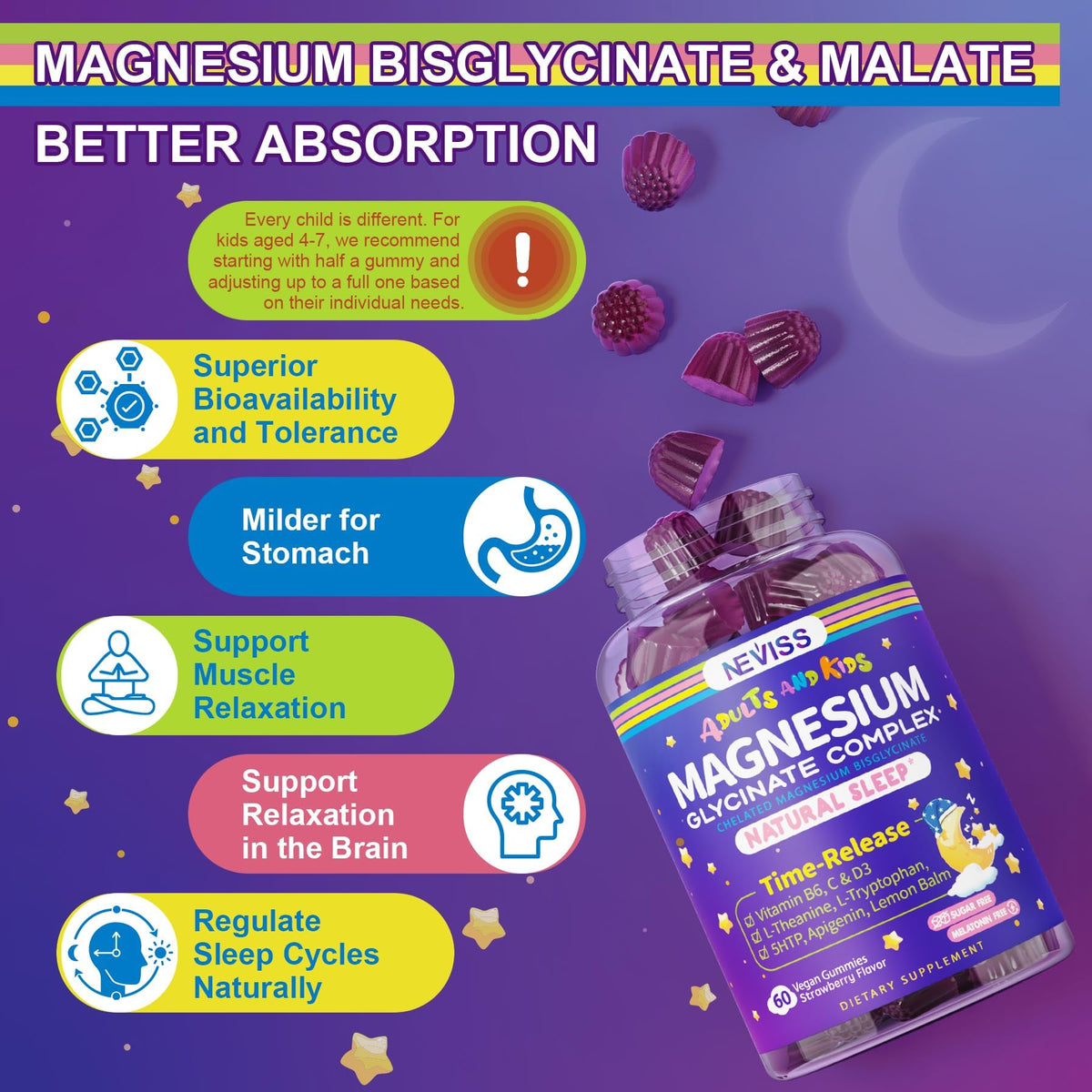 NEVISS Magnesium Glycinate Gummies for Adults & Kids 4+, Sugar Free Magnesium Bisglycinate Supplement 400/200mg with B6D3, L-Theanine for Zzz & Relaxation, Brain, Melatonin Free Gummies, 2Pack