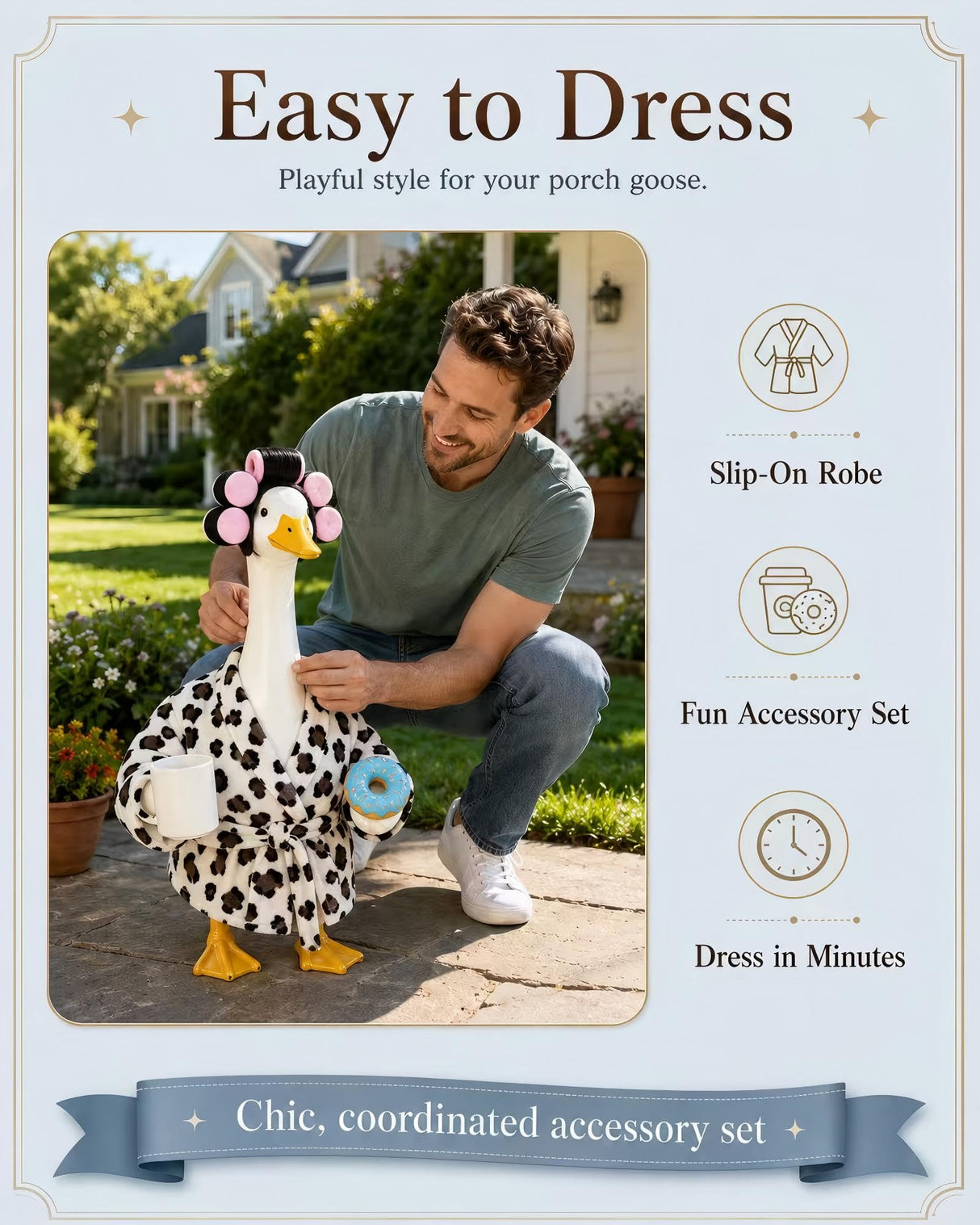 shpipa Goose Porch Outfit, 23-Inch Goose Statue, Leopard Print Bathrobe for Patio Home Decor, Comes with Curler, Waist Belt, Donut & Coffee Cup