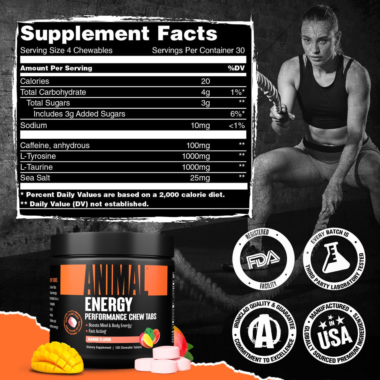 Animal Energy Chews, Fast Acting Energy with Caffeine, Nootropics and Sea Salt for Focus and Pre Workout - Convenient and Delicious Chews Format - Mango