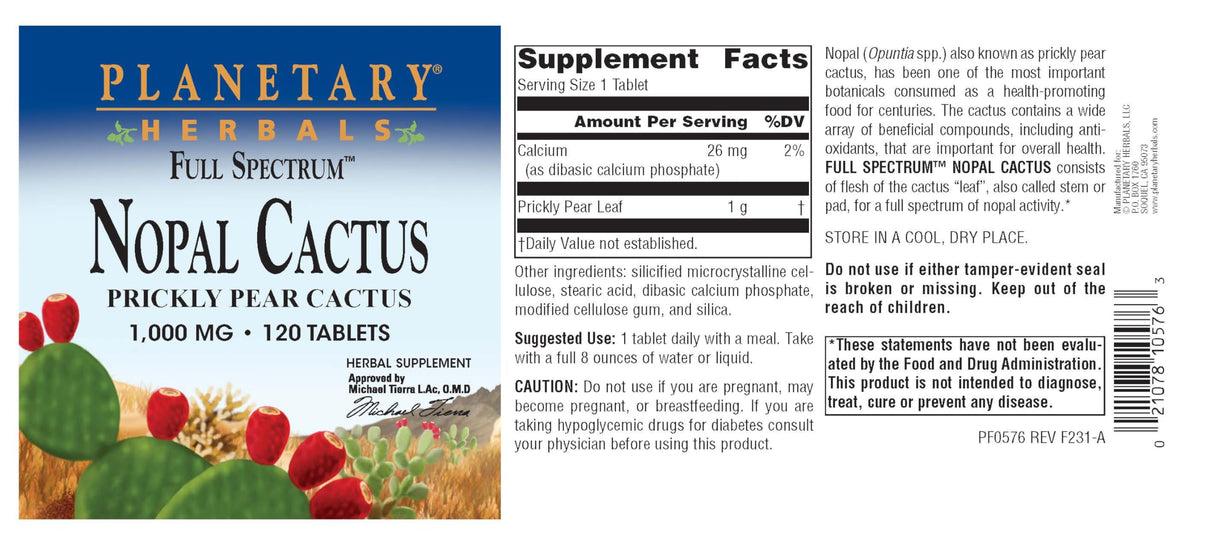 Planetary Herbals Full Spectrum Nopal Cactus, Prickly Pear Cactus, 1000 mg, with Prickley Pear Leaf - 120 Tablets