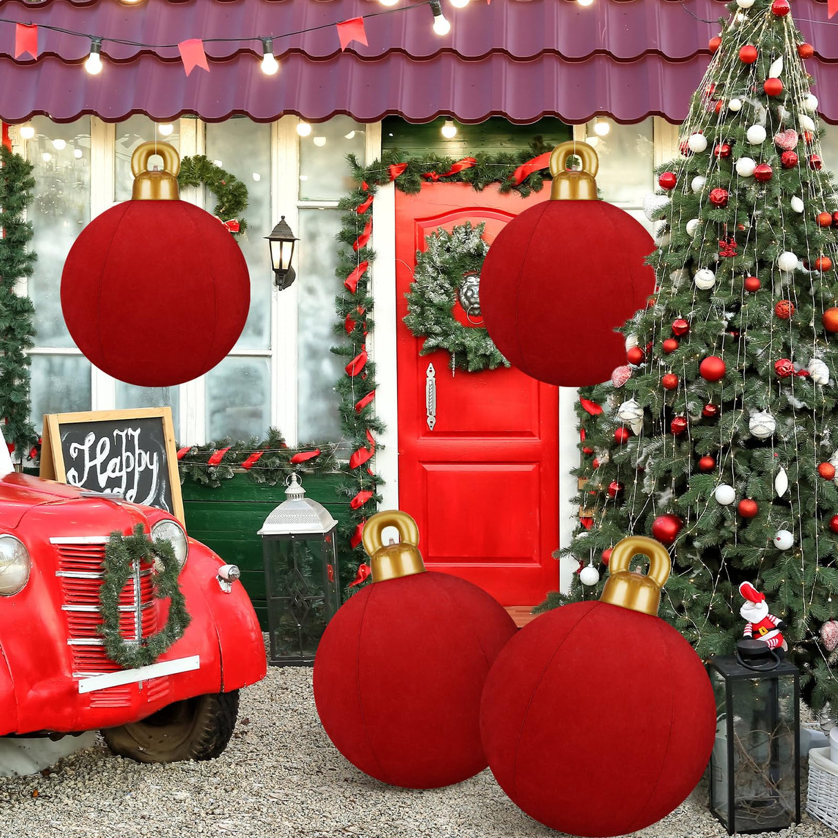 Jetec 3 Pcs 32 Inch Giant Velvet Christmas Inflatable Balls Ornament Flocked Xmas PVC Inflatable Flocked Ball Ornaments for Christmas Holiday Outdoor Blow up Yard Decor(Red)