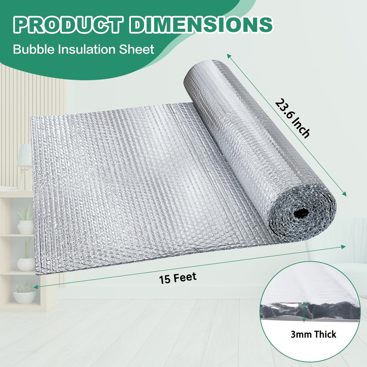 Reflective Bubble Insulation Sheet, Double Side Aluminum Foil Bubble Shield, Aluminum Foil Thermal Insulation Radiant Barrier for Windows, RV, Roof, Garage Door (23.6IN X 15FT)