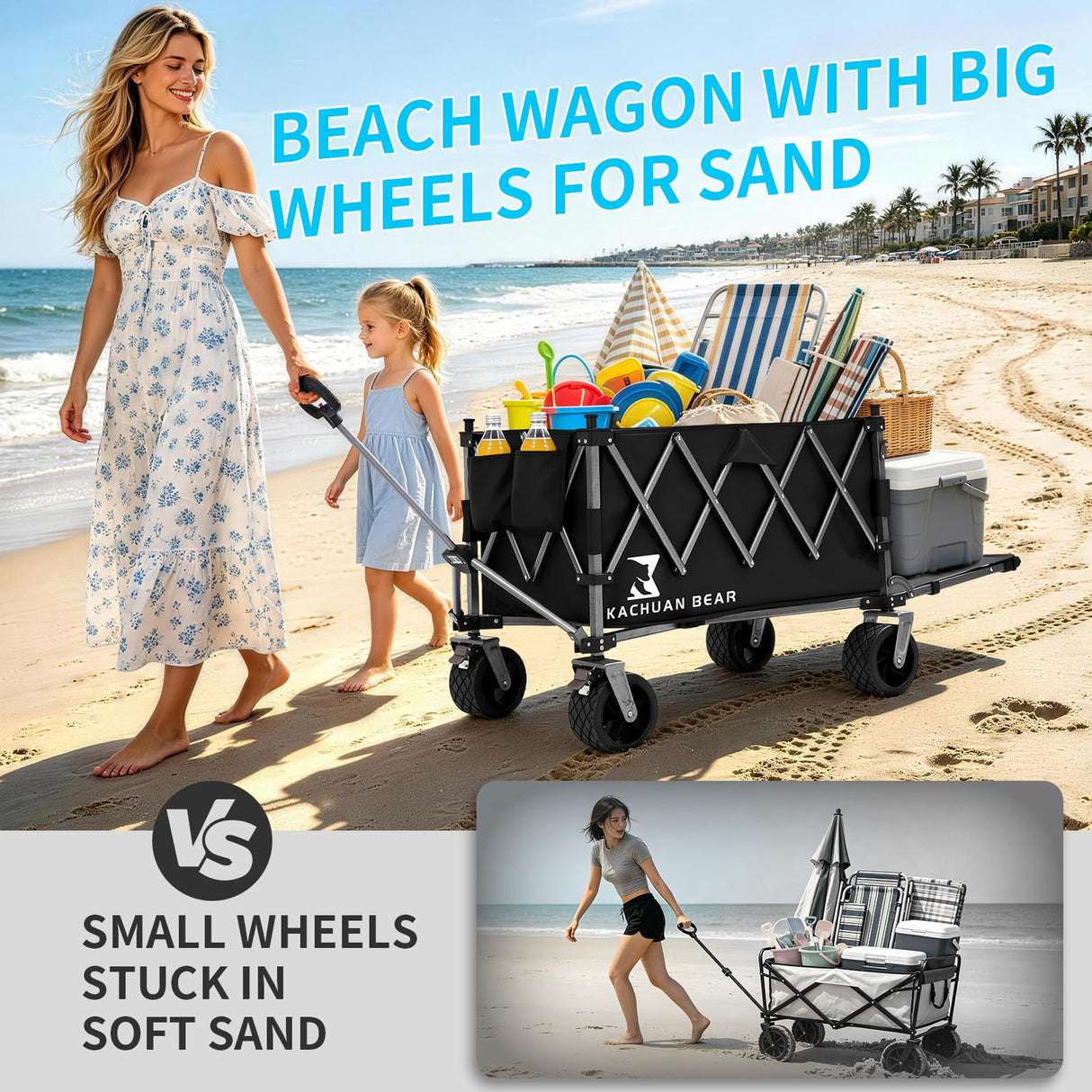 57" L Large Collapsible Foldable Wagon with Tailgate & Brake, 500LBS Heavy Duty Beach Wagons with All-Terrain Big Wheels, 300L Folding Utility Cart for Sand Garden Shopping Groceries Sports (Black)