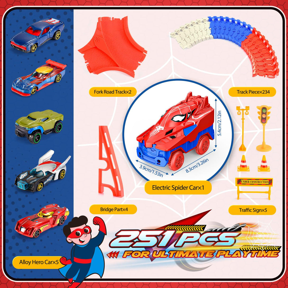 Aetyni Spider Toys for Boys 3-4: 251 PCS Spider Race Track with 5 Alloy Cars Toys for 3 4 5 6 Year Old Boys Car Tracks for Kids Toddler Boy Age 3-5 4-6 6-8 Christmas Birthday Gifts