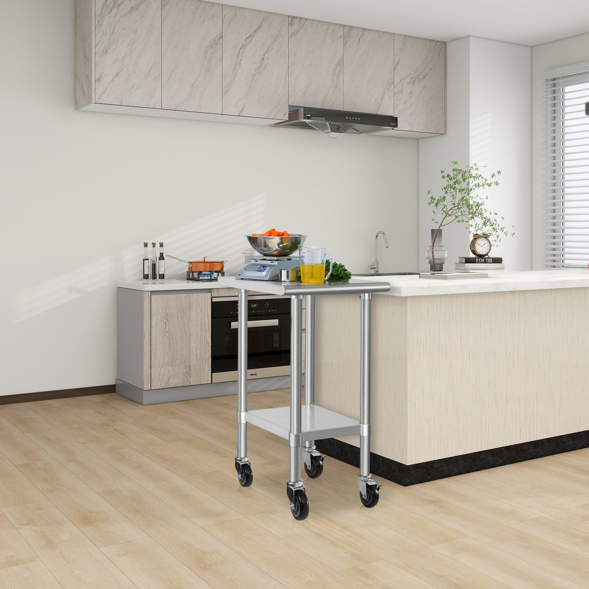 HARDURA Stainless Steel Commercial Table Prep & Work Table with Casters Heavy Duty Metal Table with Wheels NSF 430 24×24 Inches