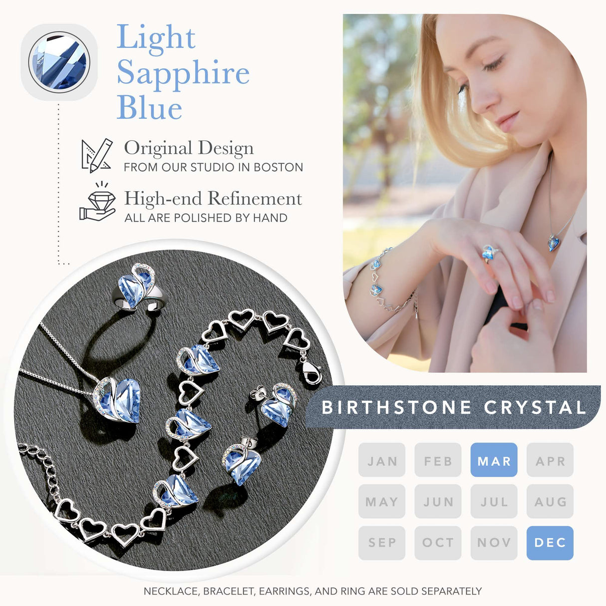 Leafael Infinity Love Heart Gift Bracelet for Women, March & December Birthstone Crystal, Light Sapphire Blue, Silver Tone Birthday Jewelry for Her, Mom, and Wife, 7-inch Chain and 2-inch Extender