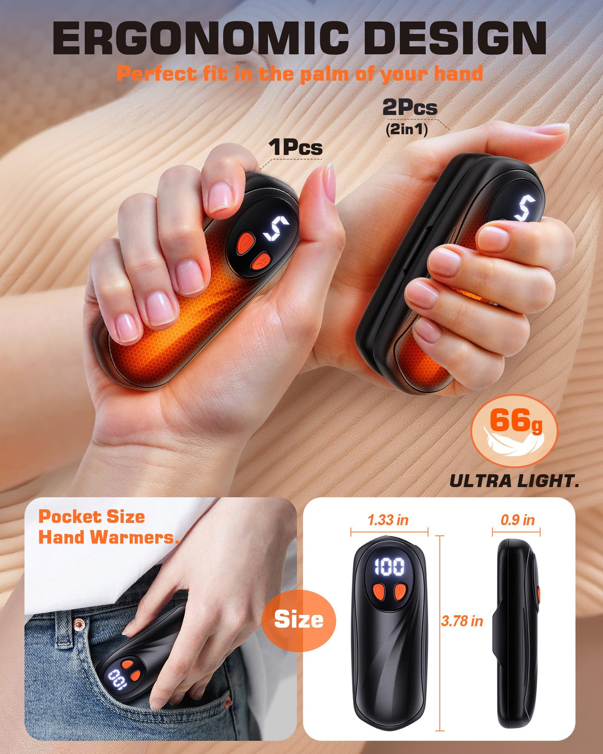 Hand Warmers Rechargeable 2 Pack, 6000mAh Electric Hand Warmers, 5-Level Heating with Battery Display, Reusable Portable Pocket Heater, Gifts for Christmas, Outdoor, Golf, Travel, Hunting, Camping