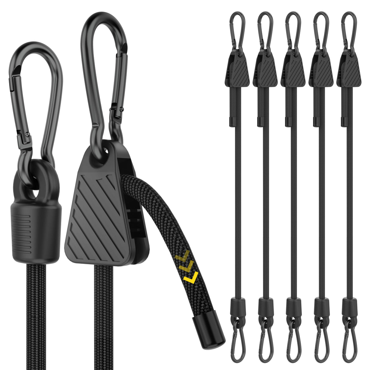 Rugtol Adjustable Bungee Cords with Hooks, 6 Pack Heavy Duty Outdoor Carabiner Bungee Cord, Black Super Elastic Bungee Straps Easily Adjust from 7" to 48", Great for Cargo, Camping, Bike Racks, Tents