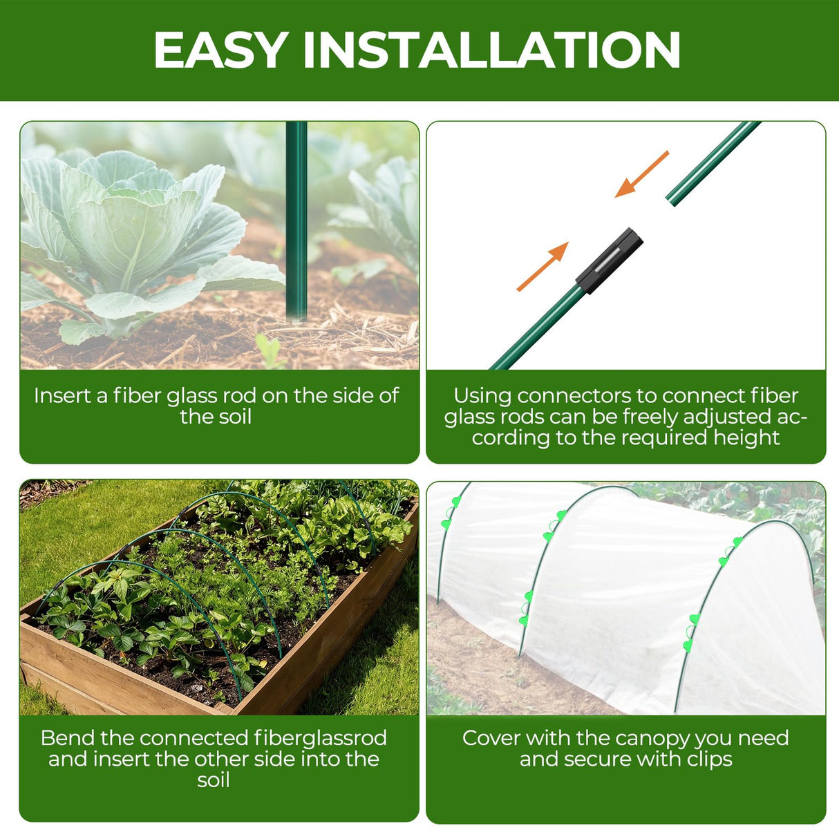 60 Pcs Garden Hoops for Raised Beds, 12 Sets of 8.5 FT Long Garden Hoops, Rust-Free Fiberglass Greenhouse Hoops Grow Tunnel for Netting, DIY Plant Support Garden Stakes for Row Cover