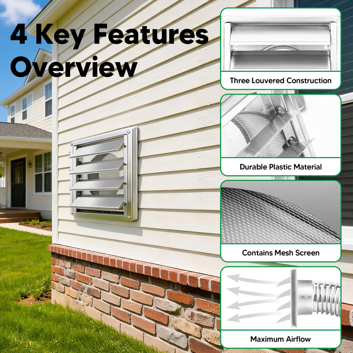 Funmit 6'' Metal Dryer Vent Cover, 7"x7" Outside Dimensions with Metal Mesh Screen, Outdoor Stainless Steel Louvered Vent Cover Includes 4 Screw for Easy Installation