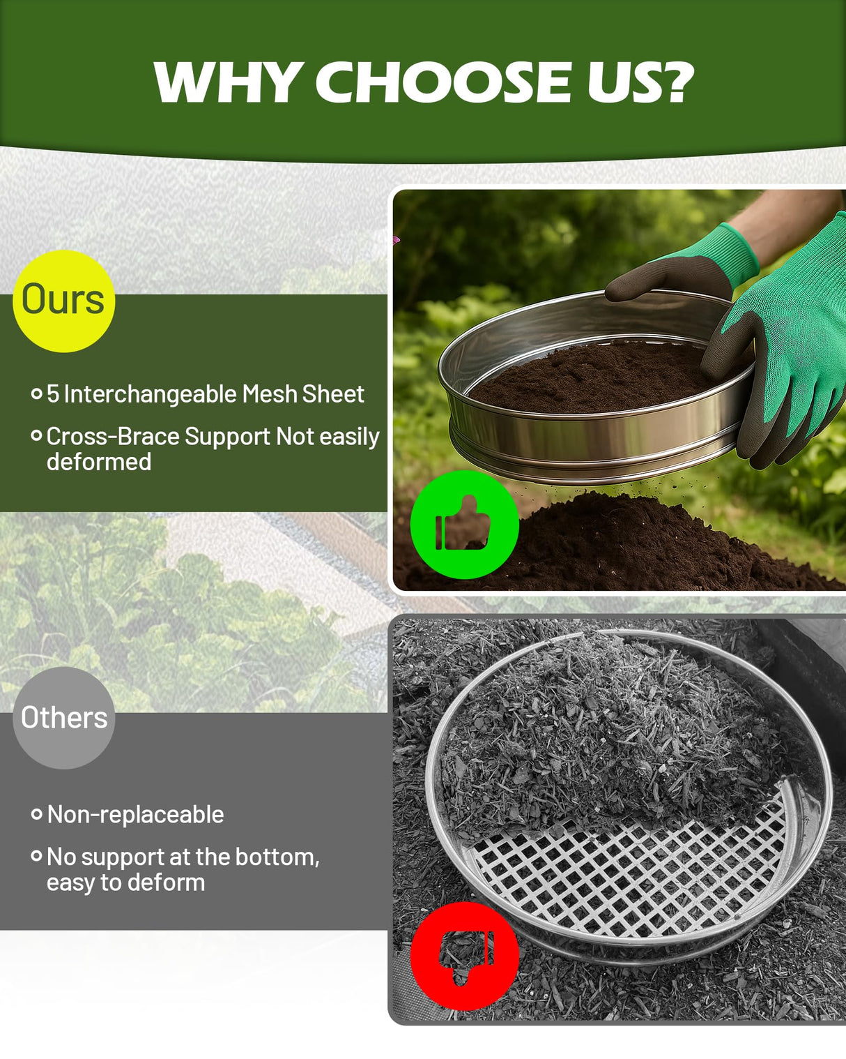 HIPULX 5-in-1 Soil Sifter Set with 5 Replaceable Stainless Steel Mesh Screen & Shovel (1/8" to 1/2"), Soil Sifter for Soils, Compost, Bonsai, Cat Litter and More(11-5/8" Diameter)