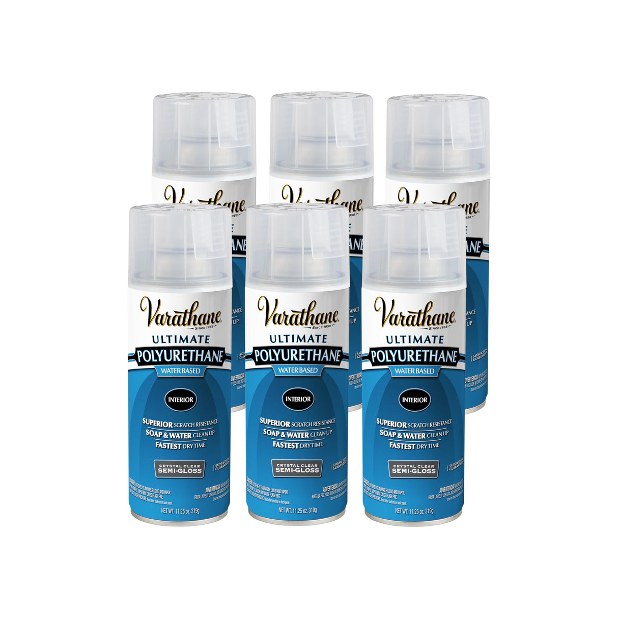 Varathane Water-Based Crystal-Clear Ultimate Polyurethane Spray | Interior Wood Protection | Fast Dry Time | Easy Clean Up | Semi-Gloss | 11.25 oz | 6 Pack