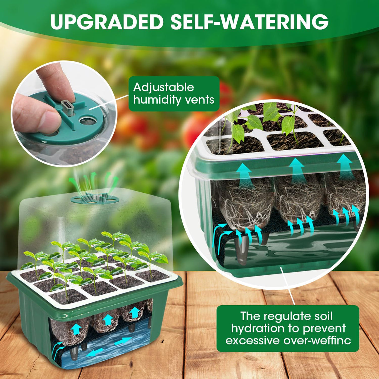 5PCS 60 Cell Self Watering Seed Starter Tray with Grow Light, Reusable Silicone Seed Starter Kit with Humidity Dome, 60 Cells Plant Germination Trays for Seeding Planting Growing(5-Pack 60-Cell)