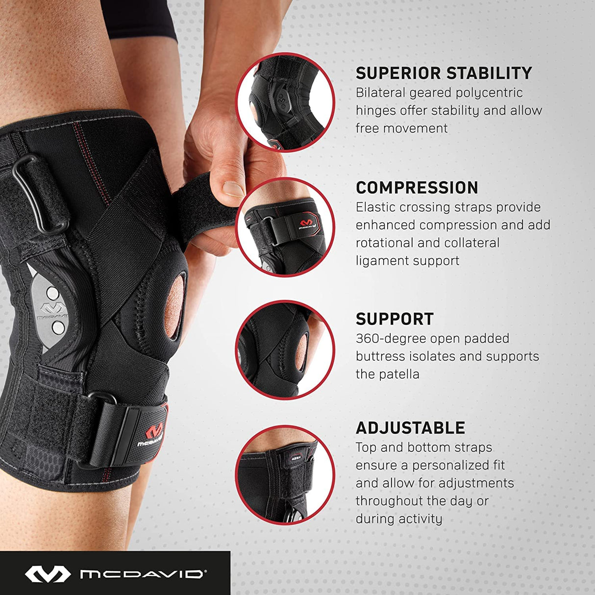 McDavid Hinged Knee Brace for Men and Women, Knee Brace with Side Stabilizers, Knee Compression Sleeves and Stability Straps for ACL, LCL, Arthritis, Tendonitis, MCL, Patella, Left and Right