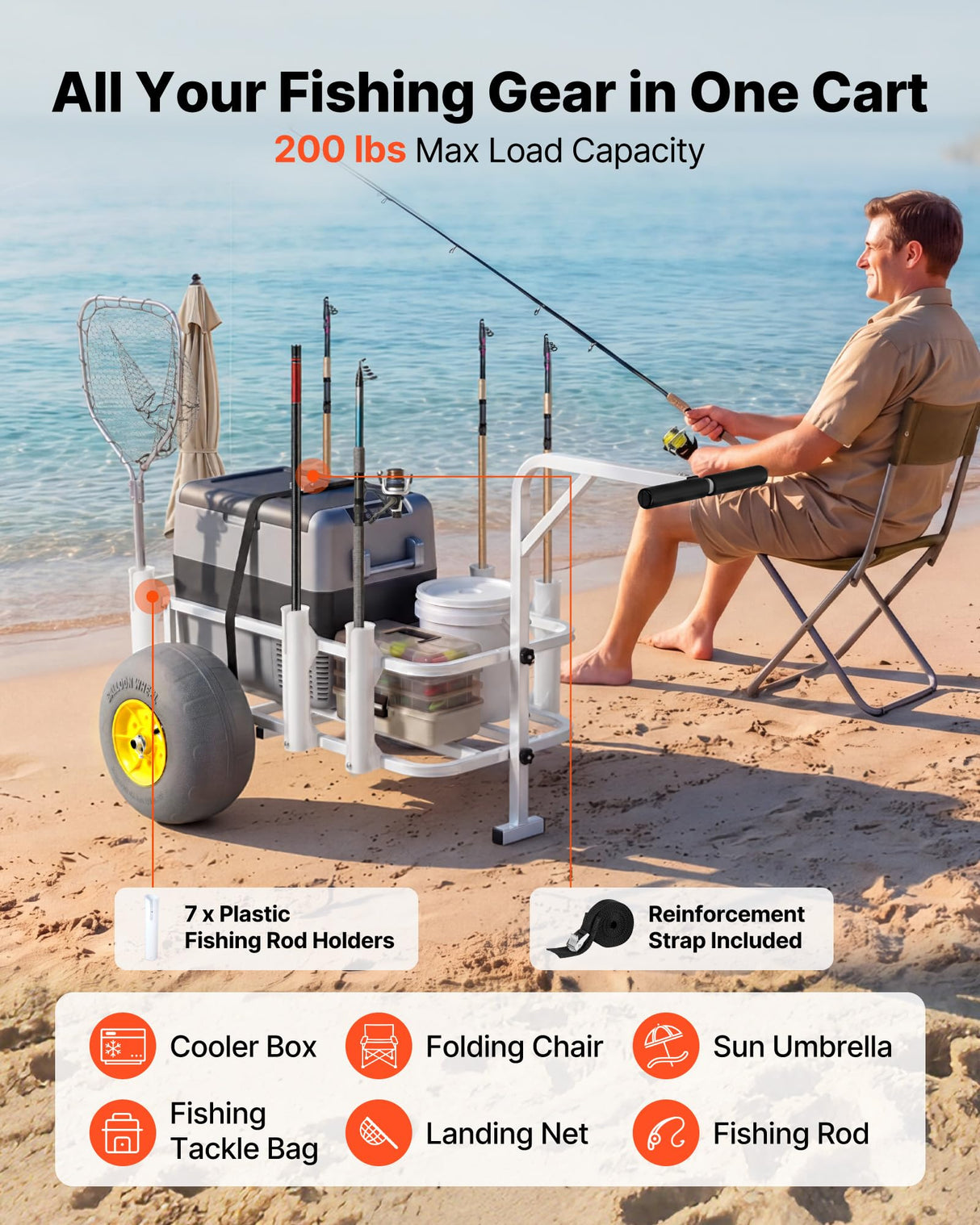 VEVOR Beach Fishing Cart, 200 lbs Load Capacity, Foldable Fishing Cart with Heavy-Duty Carbon Steel Frame, 13-Inch All-Terrain PU Balloon Tires, 7 Rod Holders, for Outdoor Activities Camping Picnic
