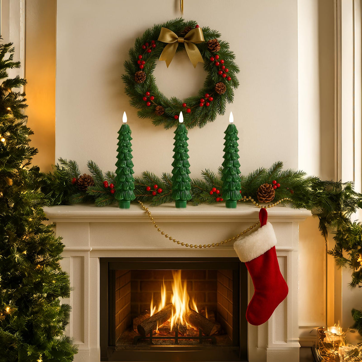 Boribim Christmas Decorations Indoor - 4 PCS Christmas Tree Candles with Remote and Timer - Flameless Christmas Taper Candles - Battery Perated Green LED Candlesticks for Christmas Home Decor