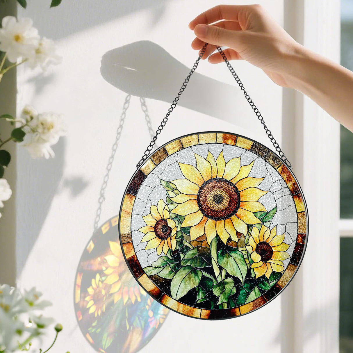 Sunflower Stained Glass Suncatcher, Stained Glass Window Hanging, 8 Inch Sunflower Suncatcher, Sunflower Glass Window Decor, Christmas, Mother's Day, Birthday, Gifts for Mom, Grandma Gift