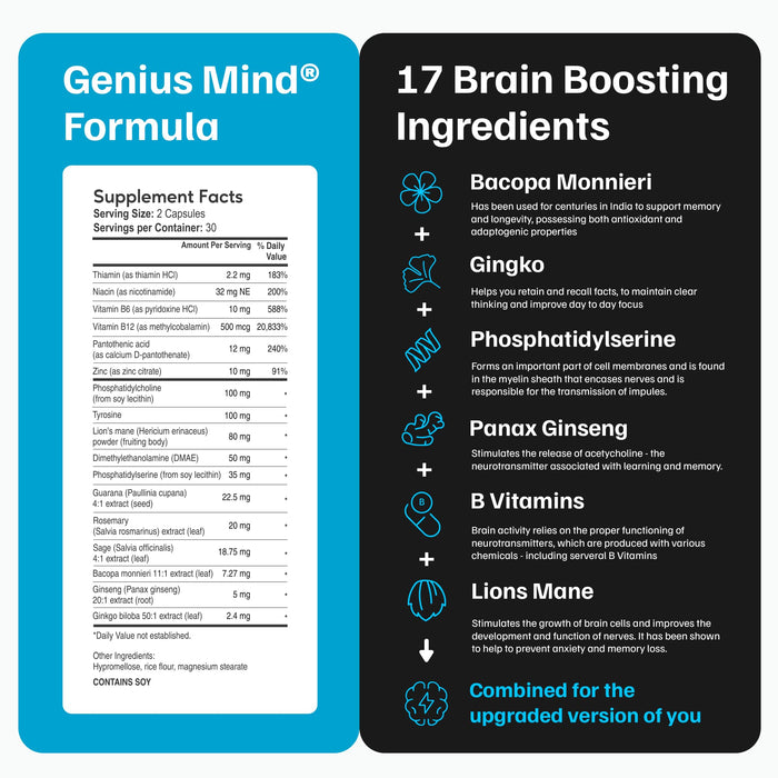 JustFloow Genius Mind® Nootropic Brain Supplement, Support Cognitive Function, Energy Levels, Focus & Memory Function - 17 Brain Boosting Ingredients Including Lions Mane, Bacopa, Ginkgo & Vitamin B12