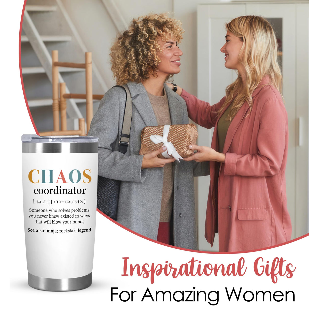 TEEZWONDER Christmas Thank You Gifts For Women - Chaos Coordinator Insulated Coffee Tumbler with Lid 20 oz - Teacher Retirement Appreciation Birthday Gifts for Women Friends Coworkers Boss Employee