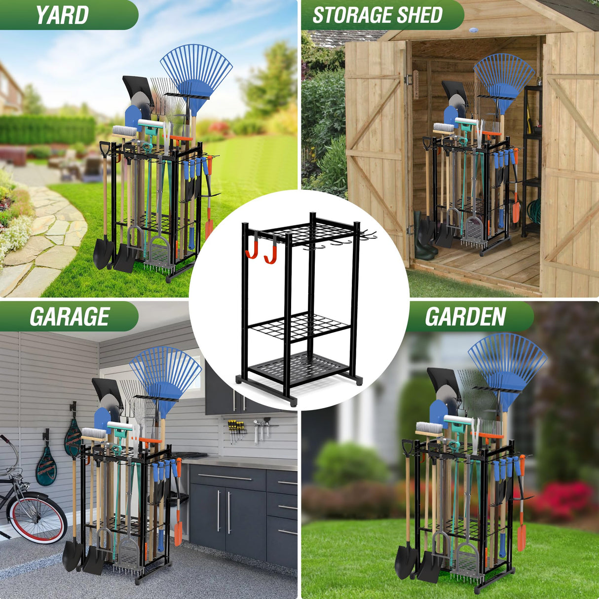 Sttoraboks Garden Tool Organizer Rack Up to 50 Tools, Heavy-Duty Steel Yard Tool Organizer for Garage Storage with 11 Hooks, Broom Holder & Garden Tool Rack for Shed, Patio, Outdoor Use, Black