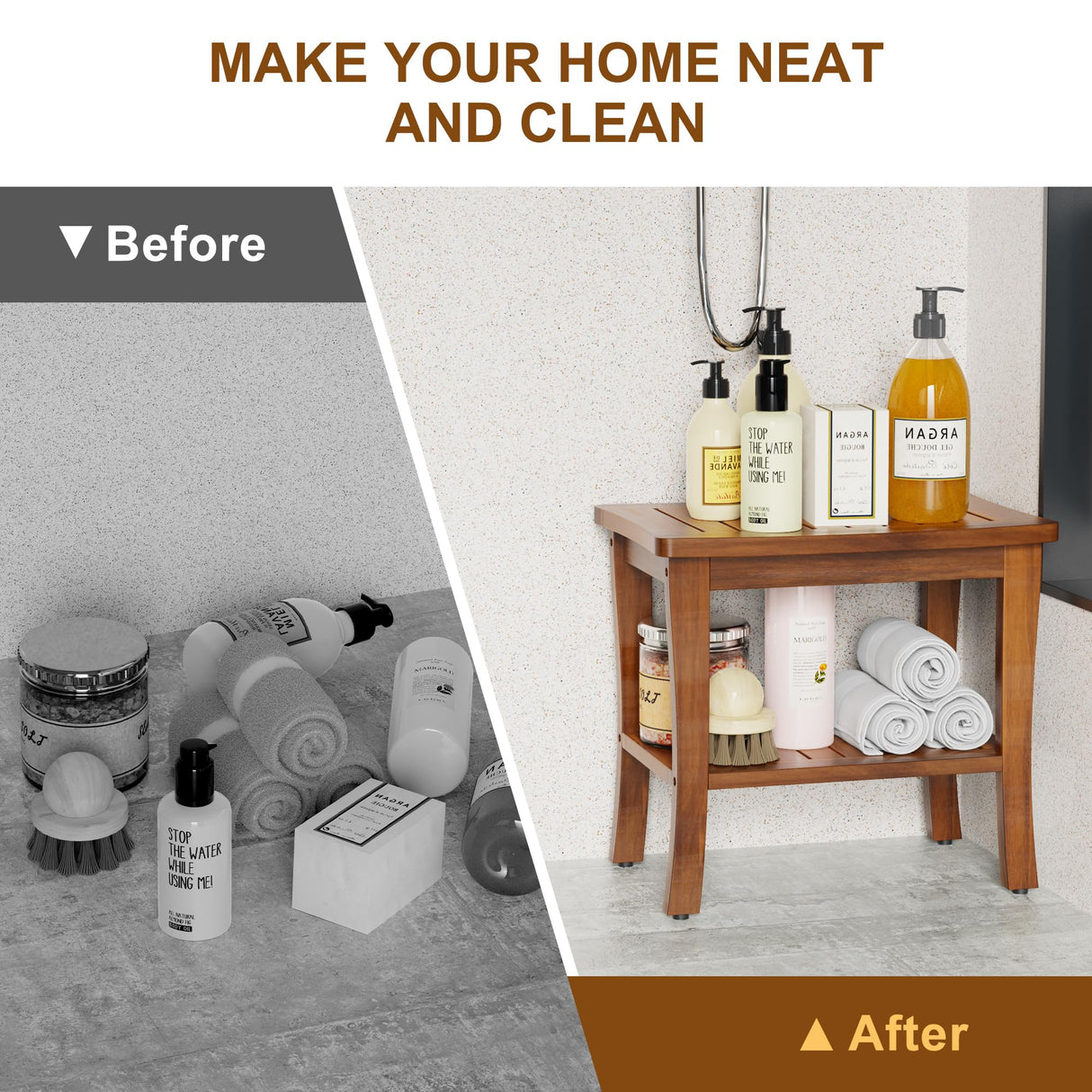 Greenual Teak Wood Shower Bench Stool with Storage Shelf, Wooden Waterproof Bathroom Spa Bathing Teak Shower Stool with Non-Slip Feet Gadget 2024 for Indoor or Outdoor Shower Chair Seat Organizer