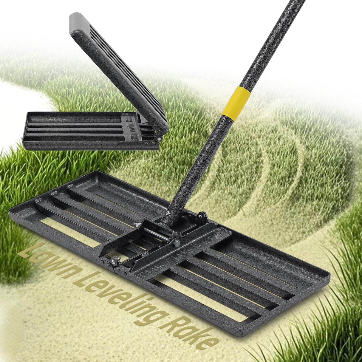 Lawn Leveling Rake 30”x10” Large Heavy Duty Metal Lawn Leveler with Long Adjustable Handle Proffesional Yard Leveling Rake for Soil Dirt Sand Compost Efficient Lawn Leveling Tool (Foldable 5FT)