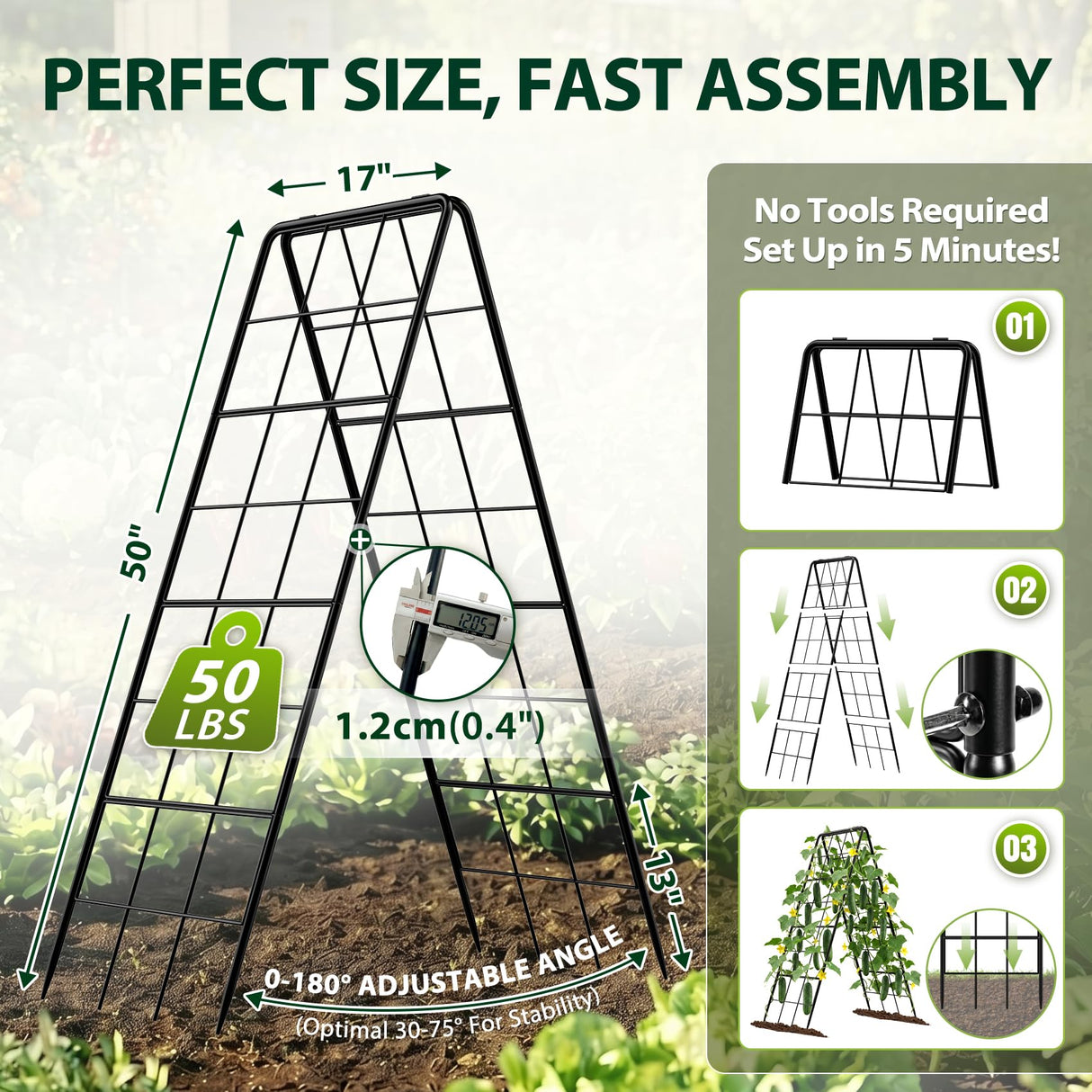 2 Pack 50" Tall A Frame Trellis for Climbing Plants Outdoor (50" X 17") – Heavy Duty Garden Adjustable Trellis, Metal Trellis for Cucumbers, Beans, Tomatoes, Grapes, and Vining Vegetables
